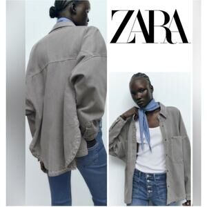 Zara Shacket Denim Overshirt Oversized Jacket Womens XXS Olive Gorp Lagen Boho
